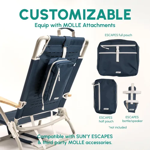 Vista 2 de SUN'Y Escapes - Silla de playa tipo mochila, fabricada con plásticos encuadernados al océano, personalizable con accesorios MOLLE, ultraligera
