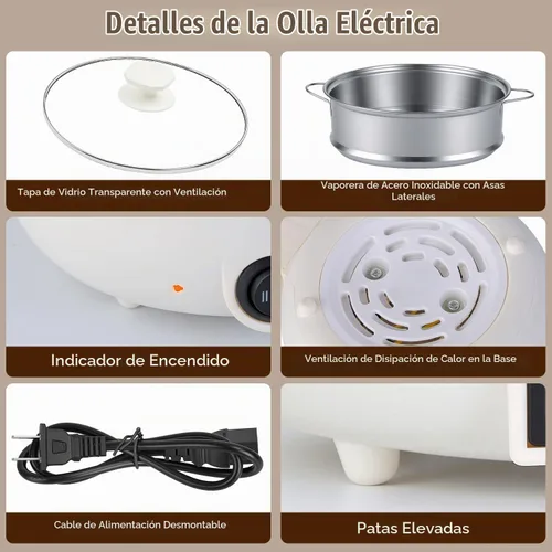 Vista 7 de Olla caliente eléctrica con vaporizador, cocina de fideos rápidos, olla caliente eléctrica interior de cerámica portátil de 1.8L
