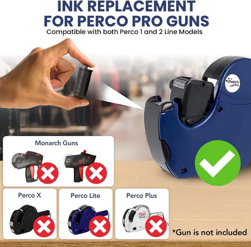 Vista 2 de Perco Rollo de tinta para pistolas Perco Pro (1 y 2 líneas) de precio y fecha, paquete de 4 tintas de repuesto, impresiones fáciles de cargar