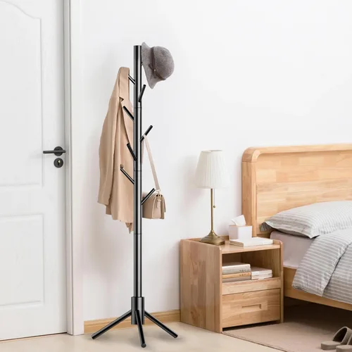 Vista 3 de Aliphon Perchero de madera, perchero independiente con 8 ganchos, árbol de abrigos ajustable de 3 tamaños para sombreros, abrigos, bufandas