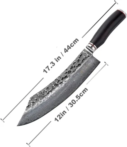 Vista 2 de Wakoli EBO - Cuchillo de carnicero para barbacoa, 12 pulgadas VG10 con núcleo de damasco, mango de roble oscuro Extra-long blade Damascus kitchen