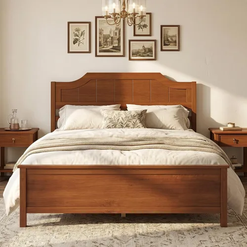 Vista 20 de GIANTEX Twin Size Wooden Bed Frame with Headboard, Wood Slat Support Farmhouse Platform Bed with Heavy Duty Mattress Foundation, Under-Bed