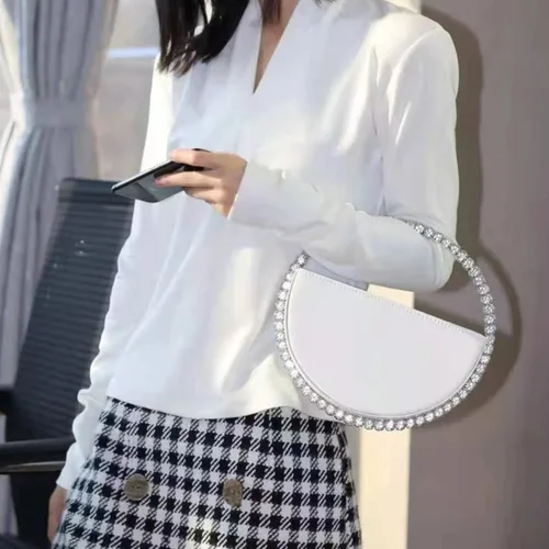 Vista 6 de ROUTENGWAIFU Bolso de noche de decoración de diamantes de imitación con purpurina redonda para mujer, bolsos elegantes para cena, fiesta, boda