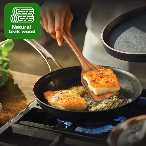 Vista 6 de Juego de utensilios de cocina de teca natural con soporte, cucharas de madera para cocinar, juego de 10 espátulas de cocina con soporte