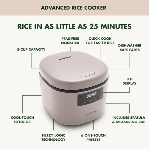 Vista 4 de GreenPan Olla arrocera avanzada, 4 tazas sin cocinar/8 tazas cocidas, olla antiadherente extraíble de cerámica sin PFAS, arroz blanco y marrón