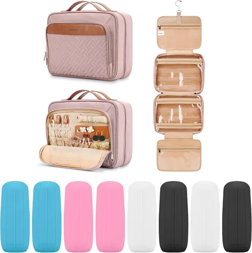 Vista 24 de Bolsa de aseo colgante de viaje para mujeres y hombres, con 6 cubiertas de botellas de silicona a prueba de fugas, accesorios impermeables