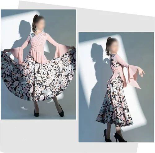 Vista 4 de LLAMN - Disfraces de baile de flora de malla, manga larga, vestido de baile de tango Foxtrot (color D, talla código M)