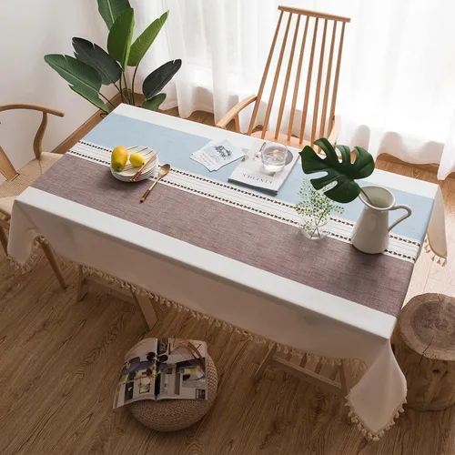 Vista 2 de Mantel rústico bordado con borla, lino de algodón sin arrugas, antidecoloración, lavable, a prueba de polvo, para comedor, cocina, fiesta, Azul
