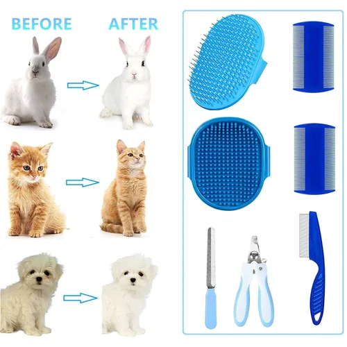 Vista 5 de 7 in 1 Small Pet Grooming Kit Dog Cat Rabbit Bath Brush Set with Bath Gloves Nail Clipper File and Flea Combs for Shedding and Cleaning