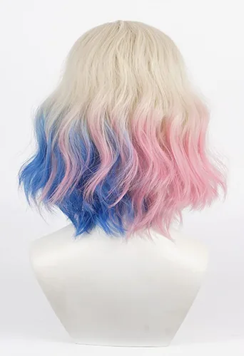 Vista 5 de Peluca rubia de onda corta rizada con cabello azul rosa y azul, peluca moderna de anime para cosplay con raya lateral