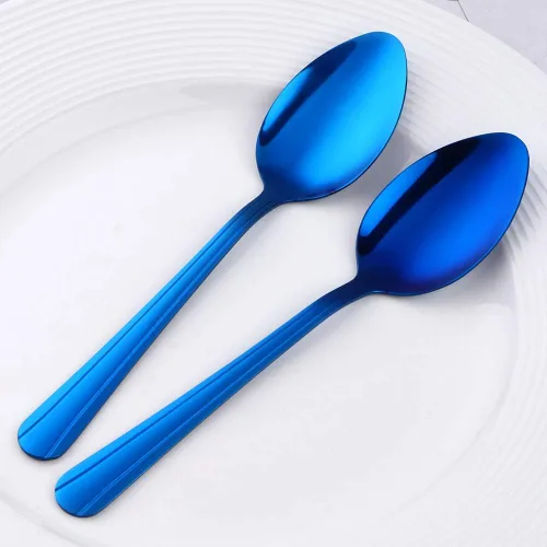 Vista 4 de MINGYU Juego de 12 cucharas de acero inoxidable, elegantes cucharas de sopa azules, cucharas de mesa de 7 pulgadas, cucharas de titanio