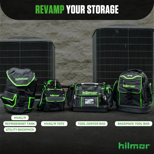 Vista 6 de Hilmor HT 1839078 - Bolsa de herramientas HVAC con 27 bolsillos, clip para llaves, lazo para cinta, correa para el hombro, herramientas y equipos