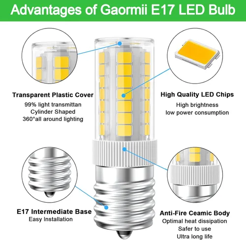 Vista 4 de Bombillas LED de microondas debajo del capó equivalente a 40 W, bombilla LED E17 regulable para campana extractora, refrigerador, 3 W 360 lm LED