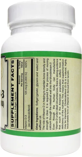 Vista 2 de Vitamina D-3 125 mcg (5,000 UI) de lanolina en una base de aceite de cártamo - 250 geles blandos