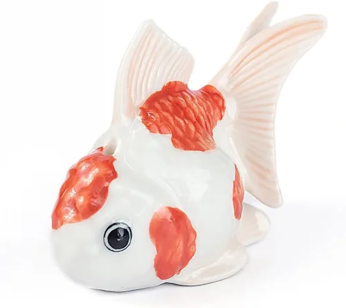 Vista 10 de WitnyStore Pequeña figura de pez oranda blanco y naranja – Miniatura hecha a mano de cerámica Ryukin Fantail dorado pez acuario animales de acuario