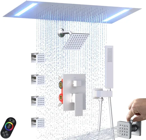 Vista 12 de ENGA - Sistema de ducha doble LED de lluvia, cabezal de ducha grande de 14 x 20 pulgadas + ducha de pared de 6 pulgadas, 4 chorros corporales