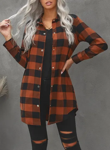 Vista 2 de EVALESS Chamarra Shacket de Cuadros con Bloques de Color para Mujer, Ropa de Otoño, Conjuntos de Moda 1b marrón
