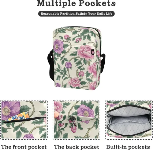 Vista 2 de Vintage Pink Flowers Green Leaves William Morris Style cute messenger bag Small Crossbody Bags Casual Purse Cross Body Shoulder Handbags Adjustable