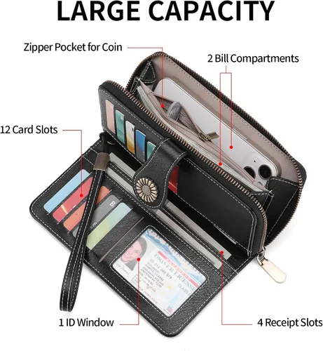 Vista 2 de SENDEFN Cartera de cuero para mujer, con bloqueo RFID, tarjetero para tarjetas de crédito, cartera de mano para mujer