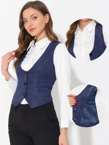 Vista 2 de Allegra K Chaleco de traje para mujer, chaleco vintage con botones jacquard steampunk