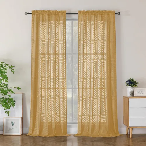 Vista 45 de Simplebrand Cortinas traslúcidas negras de cocina de 24 pulgadas de largo, 2 paneles, filtrado de luz, geométrico jacquard con textura, cortinas