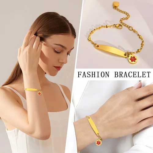 Vista 2 de VNOX Pulseras de alerta médica para hombres y mujeres con cadena Rolo especial, pulsera de identificación de alerta médica para mujeres y niñas