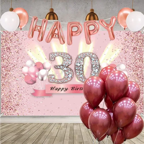 Vista 6 de Decoraciones de cumpleaños número 30 para mujer, cartel de fondo de feliz cumpleaños 30, cartel de tela para fiesta de aniversario de 30 años