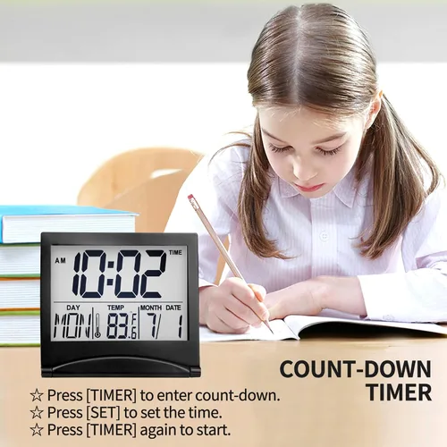 Vista 5 de Betus Reloj despertador digital de viaje, calendario plegable, temperatura y temporizador con repetición, pantalla de números grandes, funciona