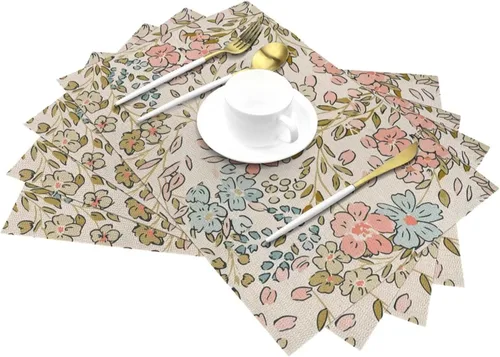 Vista 3 de Juego de 4 manteles individuales florales de 12 x 18 pulgadas, diseño de flores silvestres, acuarela, lavables, manteles decorativos de tela de lino