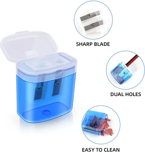 Vista 3 de Paquete de 12 sacapuntas manuales para la escuela, oficina, hogar, aula, lápices de colores con doble agujero, con tapa para niños, sacapuntas