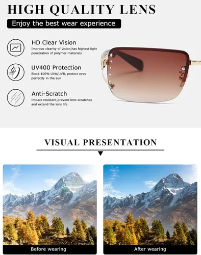 Vista 7 de kimorn Lentes de sol rectangulares para mujeres y hombres, elegantes sin montura y sin marco, modernos lentes de sol retro de los años 90, marco