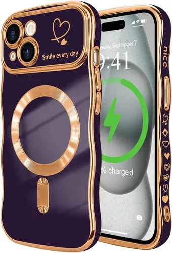 Vista 40 de LCHULLE - Funda magnética para iPhone 13 para mujeres y niñas, con forma ondulada, color azul bebé [Compatible with MagSafe] Cute Curly Wave, Love