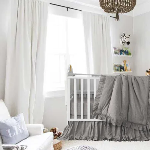 Vista 10 de Brandream Conjunto de Ropa de Cama para Cuna Unisex Bebé Niña Niño 3 Piezas Beige Sólido Boho Chic de Granja Volantes Cálido 100% Algodón Lavado