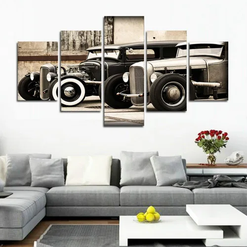 Vista 3 de CrmArt Póster modular HD impreso en lienzo, marcos de pintura para sala de estar, arte de pared, 5 piezas de Hot Rod vintage, fotos de automóvil