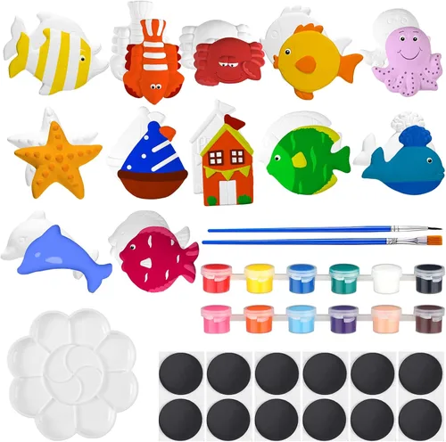 Vista 7 de Sinmoe 12 juegos de kit de arte y manualidades, kit de pintura de cerámica sin pintar DIY, pinta tus propias figuras con 12 imanes, 2 pinceles y 1