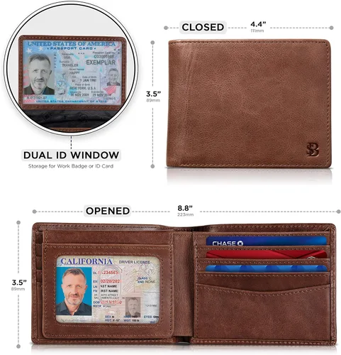Vista 29 de SERMAN BRANDS Billetera de piel con 2 ventanas de identificación para hombre, con bloqueo RFID, doble tapa superior, billetera de viaje de capacidad