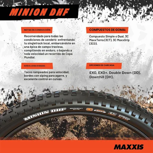 Vista 3 de Maxxis Minion DHF Doble compuesto Neumático para bicicleta de montaña, E25, listo para cámara Centro de balanceo rápido, perillas laterales
