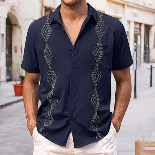 Vista 2 de Camisas de guayabera cubana para hombre, estilo casual, con botones, para vacaciones, camisa hawaiana, manga corta, cuello de solapa, tops de playa