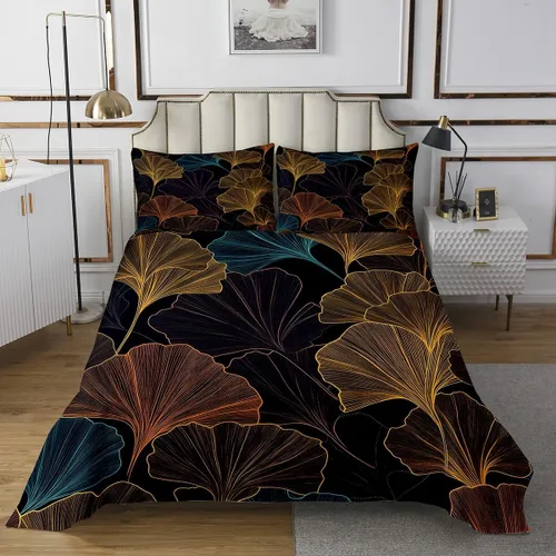 Vista 2 de Erosebridal Colcha de hojas de ginkgo azul y marrón con hojas de ginkgo biloba acolchada para niños y niños, juego de colcha botánica individual