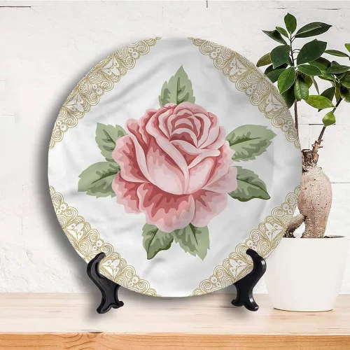 Vista 3 de Placa de exhibición de cerámica, placa decorativa colgante de cerámica floral, placa de cerámica personalizada para el hogar de encaje rosa recién
