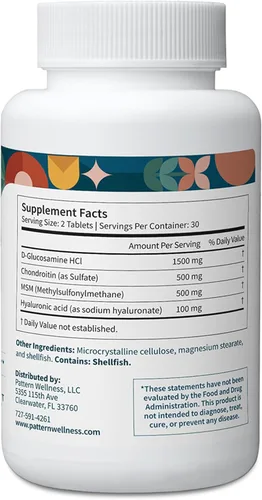 Vista 3 de Pattern Wellness Complejo de glucosamina condroitina – 60 tabletas MSM y ácido hialurónico: apoya la salud de las articulaciones, cartílagos
