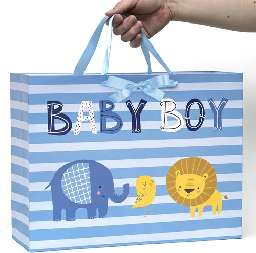 Vista 7 de Loveinside Bolsa de regalo para bebé niño con papel de seda y tarjeta de felicitación para baby shower, nuevos padres y más, diseño animal azul, 16