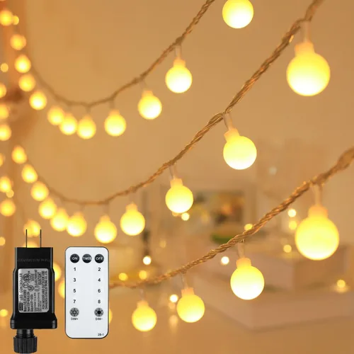 Vista 6 de Cadena de luces de globo de 49.2 pies, 100 luces LED, enchufe de luces de hadas de cristal con temporizador remoto, 8 modos, luces colgantes