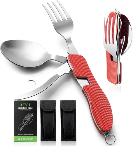 Vista 9 de HIKENTURE 4 en 1 Utensilios para Camping, Juego de Cubertería de Acero Inoxidable con Cuchara, Tenedor, Cuchillo y Abrebotellas, Cubiertos