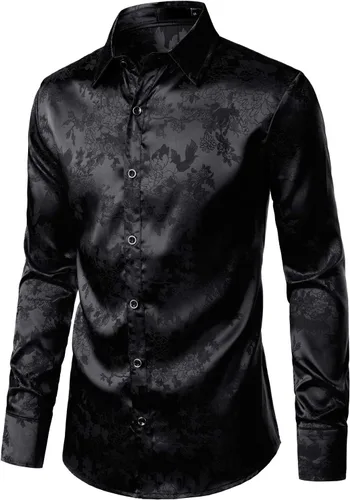 Vista 2 de ZEROYAA Camisas de vestir de manga larga con botones y estampado floral de satén brillante para hombre para fiesta de graduación