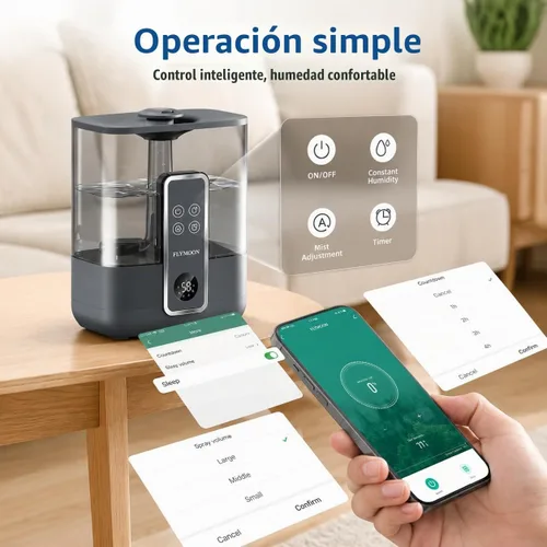 Vista 5 de FLYMOON Humidificadores de niebla fría de 5L de llenado superior con 28dB Tuya App & Touch Control, Auto-Off, 12H Timer, 50 Hour Runtime