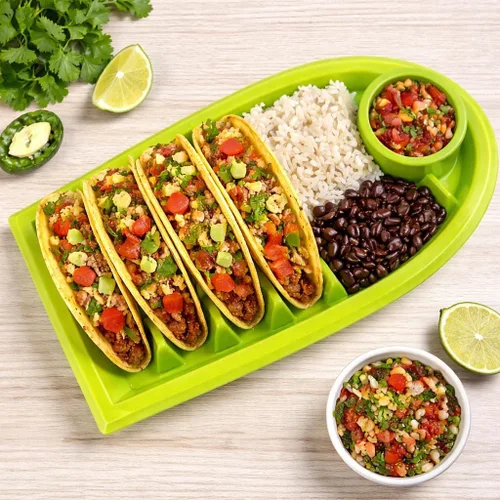 Vista 4 de Juego de 3 platos para tacos, bandejas divisoras de plástico para tacos con ranuras de pie, sin BPA, aptas para lavavajillas y microondas