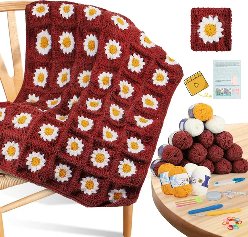 Vista 8 de Kit de Ganchillo Coopay para Principiantes para Manta, Kit de Ganchillo de Cuadrados de Abuela con Instrucciones y Suficiente Hilo, Juego Completo