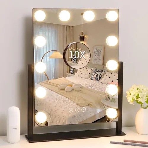 Vista 7 de Kotdning Espejo de tocador con luces, espejo de tocador iluminado con 9 bombillas regulables para vestidor y dormitorio, 3 modos de iluminación