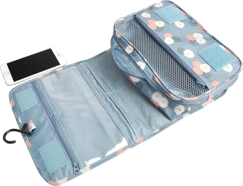 Vista 5 de Bolsa para productos cosméticos. Bolsa para colgar productos de tocador. Organizador de viaje, para hombre y mujer., Azul Flores)